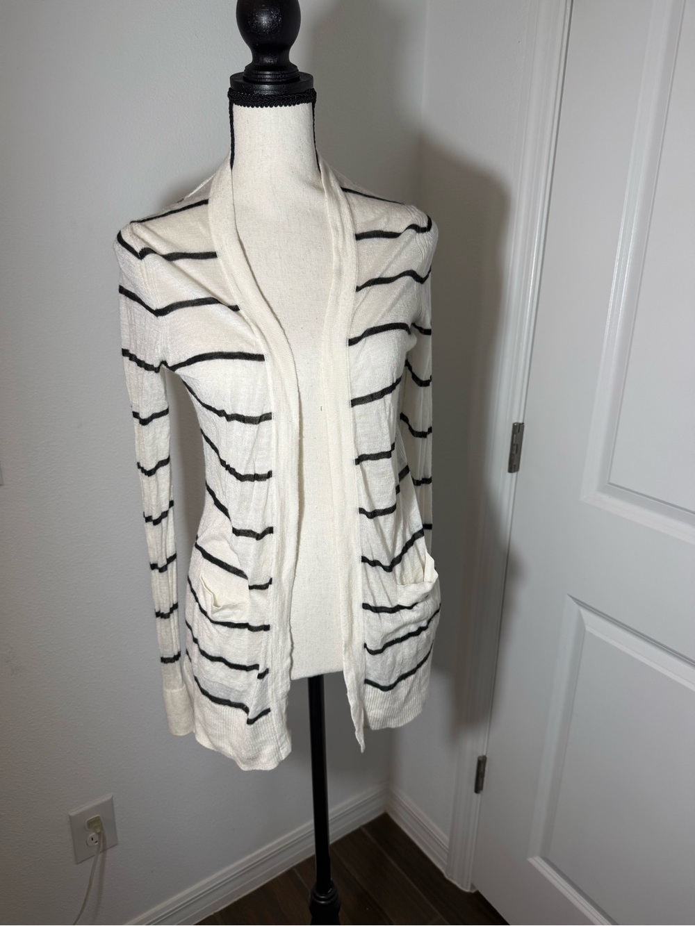 Striped Open-Front Cardigan Sweater - White with Black Stripes